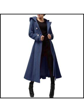 Womens Long Double-Breasted Hooded Wool Blend Trench Coat Winter